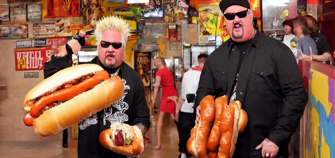 Prompt: guy fieri in a dim hallway, cradling the biggest hot dog in the world. the hot dog is extremely heavy.
