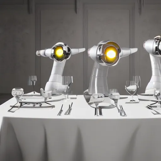 Prompt: three large white glossy kuka industrial robot arms on the floor around a dinner table, the robot arms are wearing bow ties, they are having dinner inside a fine dining restaurant with mid century modern furniture and decor, global illumination, artstation, fantasy