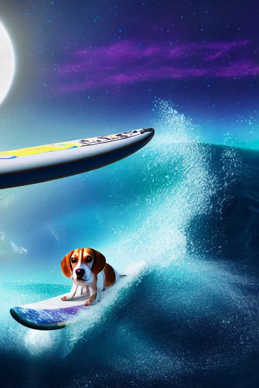 Image similar to beagle dog surfing a surfboard on a sparkly crashing wave of stardust in space, background is a moon in nebula, octane render, unreal engine, wide view, 8 k, highdetaild