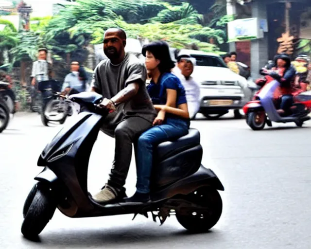 Image similar to kanye west riding scooter in hanoi, a photo in daylight