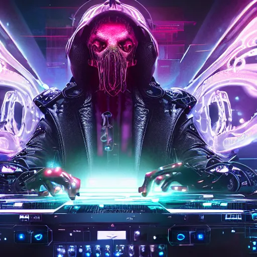 Prompt: cyberpunk cthulhu with headphones playing synthesizers, lights, lasers, music, highly detailed, realistic,