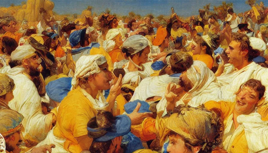 Prompt: detailed digital painting of a crowd of happy jews in the desert harvesting white manna, yellow orange and blue color scheme, painting by gaston bussiere, j. c. leyendecker 8 k