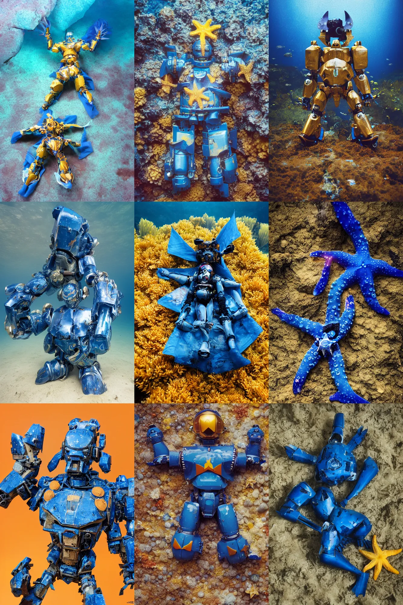 Prompt: Kodak portra 160, 8K, highly detailed, portrait, starfish pose, focus on blue gauze armour: famous mecha in low budget joan of arc movie remake, underwater scene