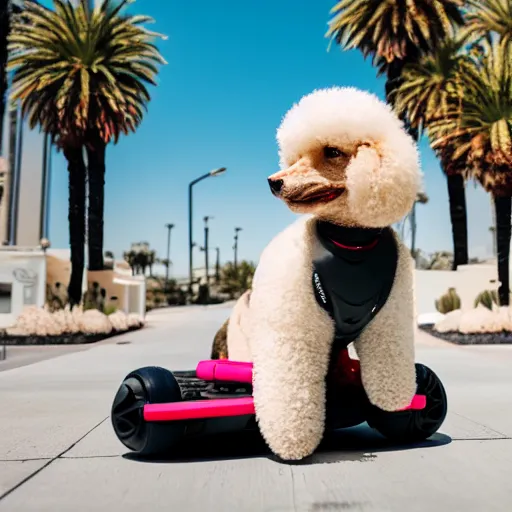 Prompt: fluffy poodle traveling on a hoverboard in las vegas, [ 4 k photorealism ]!!, trending on unsplash