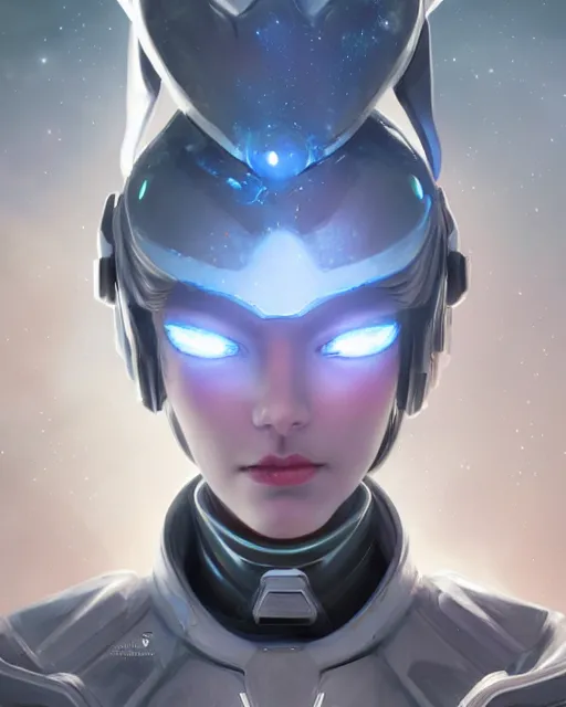 Image similar to perfect android girl on a mothership, warframe armor, beautiful face, scifi, futuristic, galaxy, nebula, raytracing, dreamy, long white hair, blue cyborg eyes, sharp focus, cinematic lighting, highly detailed, artstation, divine, by gauthier leblanc, kazuya takahashi, huifeng huang