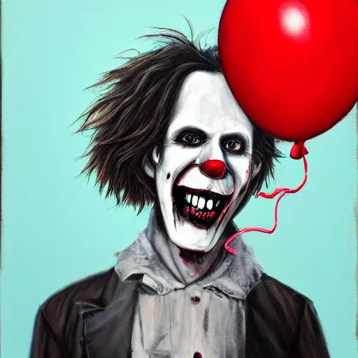 Image similar to grunge painting of david dobrik with a wide smile and a red balloon by chris leib, loony toons style, pennywise style, corpse bride style, horror theme, detailed, elegant, intricate