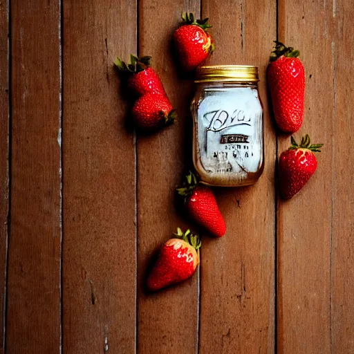 looking down at shattered mason jar leaking clear Stable Diffusion