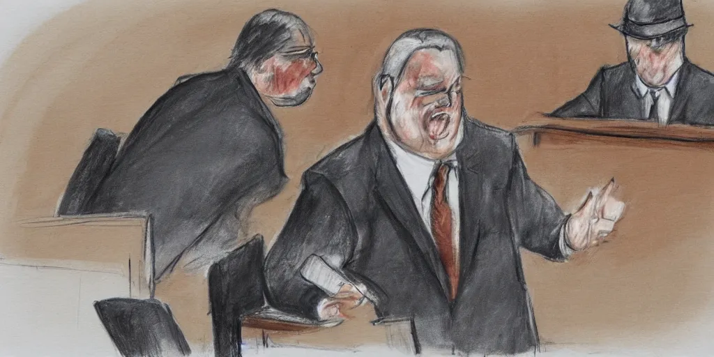 Image similar to a dog in a suit cross-examining a mailman, courtroom sketch