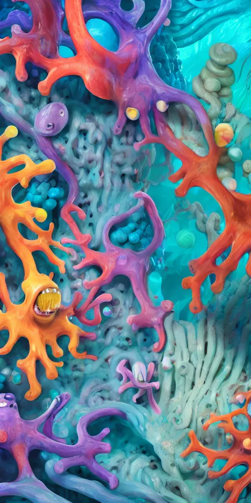 Image similar to of a colorful deep sea cave with strange cute friendly happy creatures with huge eyes, mouth, long tongue and round teeth appearing from sandy coral, in the style of gehry and gaudi, macro lens, shallow depth of field, ultra detailed, digital painting, trending artstation, concept art, illustration, cinematic lighting, photorealism, epic, octane render