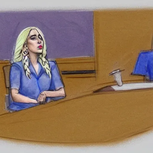 Image similar to courtroom sketch of lady gaga in the witness stand pointing at the hamburgler who is sitting at the defendant ’ s table