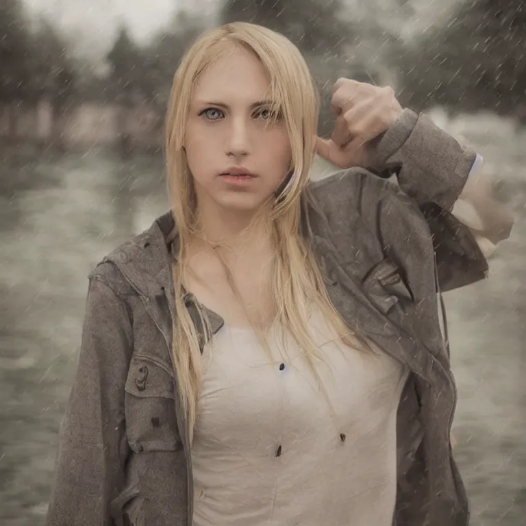 Image similar to cute annie leonhart in minecraft, beautiful face, pale skin, rule of thirds, cinematic lighting, rainy weather, melancholy atmosphere, sharp focus, backlit, stunning, model agency, smooth, hard focus, full body shot, instagram photo, shot on iphone 1 3 pro max, hyper realistic,