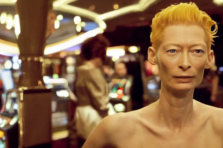 Prompt: Tilda Swinton at a casino in the style of Cowboy Bebop, wide shot