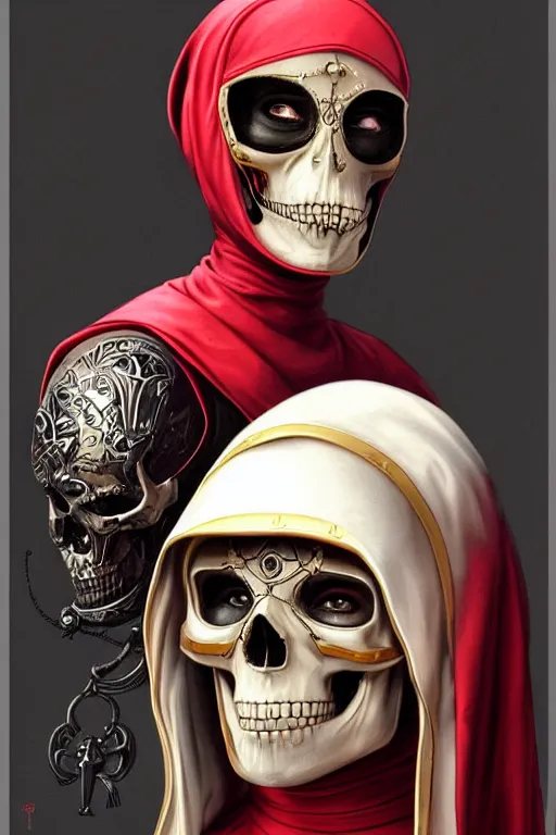 Image similar to ultra realistic illustration, 3 d render of a nun with a skull helmet red and gold accents, gothic, dark, hacknaut cyberpunk, sci - fi, fantasy, intricate, elegant, highly detailed, digital painting, artstation, concept art, smooth, sharp focus, illustration, art by artgerm and greg rutkowski and alphonse mucha