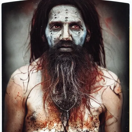 Image similar to polaroid film portrait of aghori sadhu covered in ash, hyperrealism, hypermaxiymalism, photorealistic, detailed, atmospheric, 8 k, award winning photography, cinematic