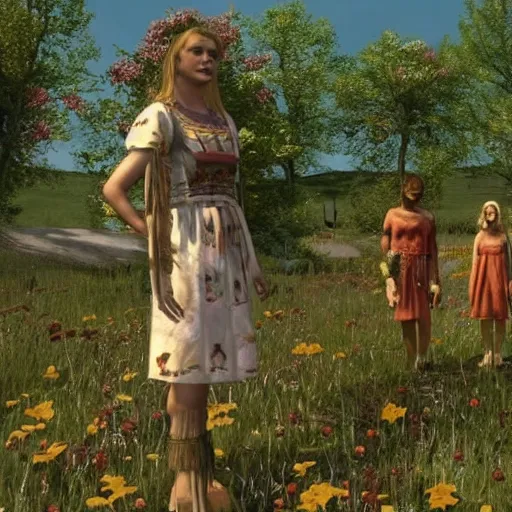 Prompt: a still from the movie midsommar, 2 0 0 3 dark chronicle graphics ps 2 visual aesthetic