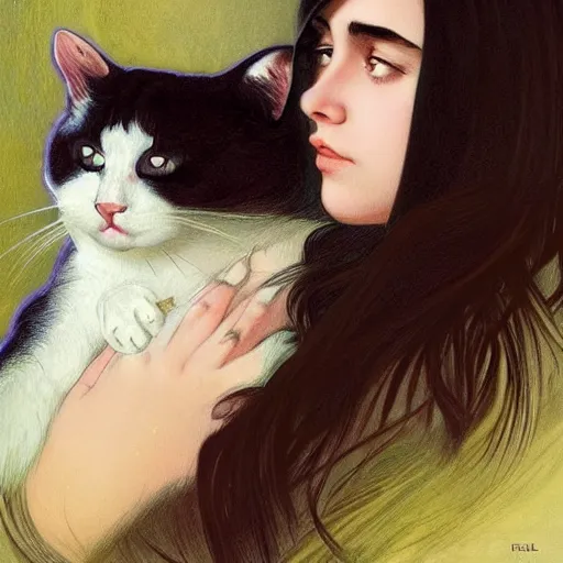 Prompt: emo girl and her cat, with long dark hair, thick eyebrows!!! deep dark big eyes and dark circles!, wide nose!!!, oval face shape, big cheeks! by juan villafuerte, greg rutkowski and alphonse mucha, pexels contest winner, high quality photo, rtx, hd