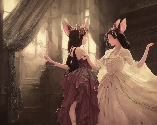 Image similar to victorian dancers with bunny ears and silk cloth and long hair, magnificent, close up, details, sharp focus, elegant, highly detailed, illustration, by Jordan Grimmer and greg rutkowski and PiNe(パイネ) and 薯子Imoko and 香川悠作 and wlop and maya takamura, intricate, beautiful, Trending artstation, pixiv, digital Art