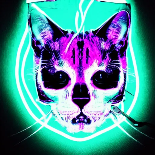 Image similar to cat skull in hoodie, portrait, vaporwave, synthwave, neon, vector graphics, cinematic, volumetric lighting, f 8 aperture, cinematic eastman 5 3 8 4 film, photorealistic