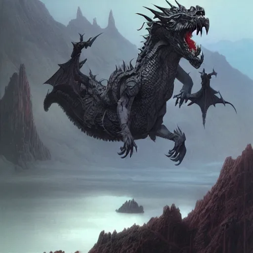 Image similar to concept art of chimera dragon, roaring, elegant, valley, heavy fog, wayne barlowe, hyper detailed