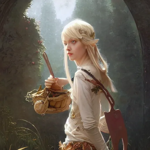 Prompt: elf fairy blond with a beautiful face, with a loot on their back, wearing a cardigan, highly detailed, intricate, digital painting, artstation, sharp focus, illustration, art by jakub rozalski, greg rutkowski, artgerm, tan zi and ayanamikodon and alphonse mucha and wlop