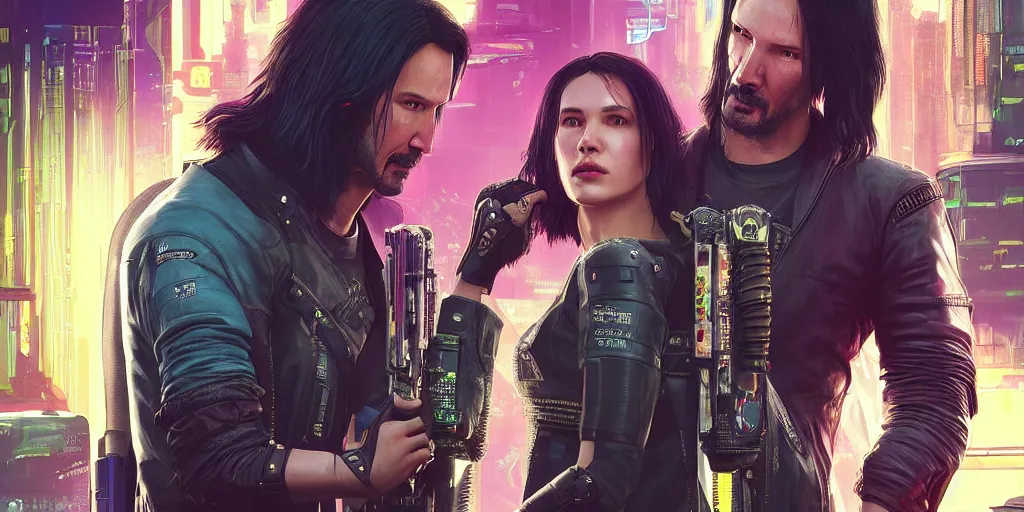 Prompt: a cyberpunk 2077 srcreenshot couple portrait of Keanu Reeves and V final kiss,love,film lighting,by Laurie Greasley,Lawrence Alma-Tadema,Andrei Riabovitchev,Dan Mumford,John Wick,Speed,Replicas,artstation,deviantart,FAN ART,full of color,Digital painting,face enhance,highly detailed,8K,octane,golden ratio,cinematic lighting