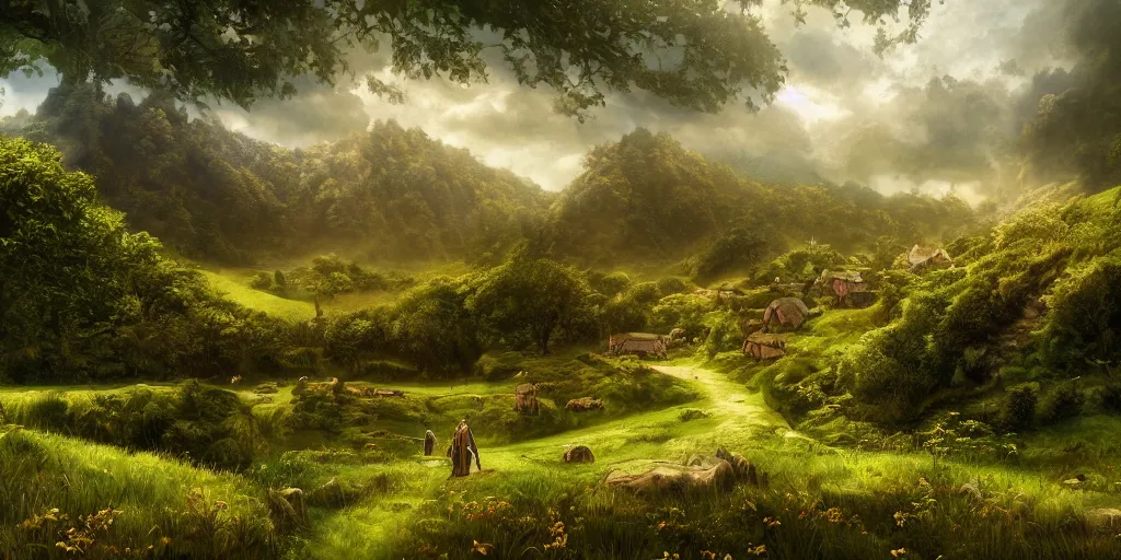 Image similar to the shire, beautiful scenic landscape, lord of the rings, highly detailed professional digital painting, artstation