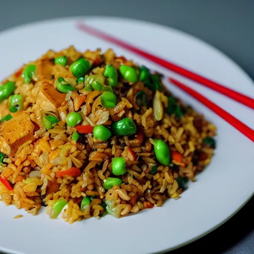 Image similar to a photograph of the new tofu fried rice, chinese dish from my local chinese restaurant, cooked to perfection, chefs table, netflix, gourmet, three michelin star, food photography