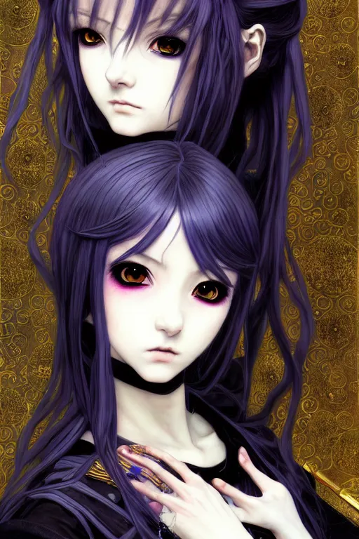 Image similar to portrait of beautiful young gothic anime maiden, cute-fine-face, pretty face, realistic shaded Perfect face, fine details. Anime, cyberpunk, Warhammer, highly detailed, cyberpunk, Warhammer, highly detailed, cyberpunk, Warhammer, highly detailed, artstation, illustration, art by Ilya Kuvshinov and Gustav Klimt and Gustav Klimt and Gustav Klimt and Gustav Klimt