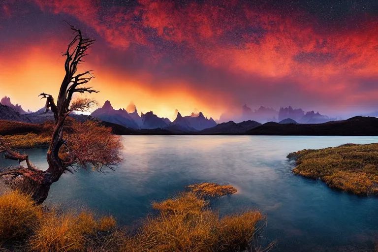 Prompt: A beautiful landscape photography of Patagonia mountains with a lake, a dead intricate tree in the foreground, sunset, dramatic lighting by Marc Adamus,