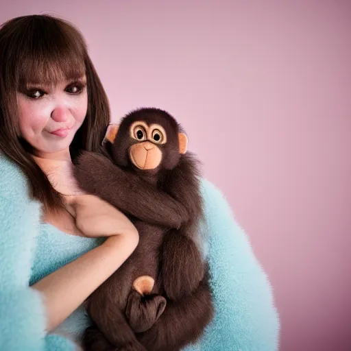 Image similar to an orangutan holding a stuffed grey bunny, in a girls bedroom, wearing makeup and lipstick, wearing a big fluffy pink dress, 24mm