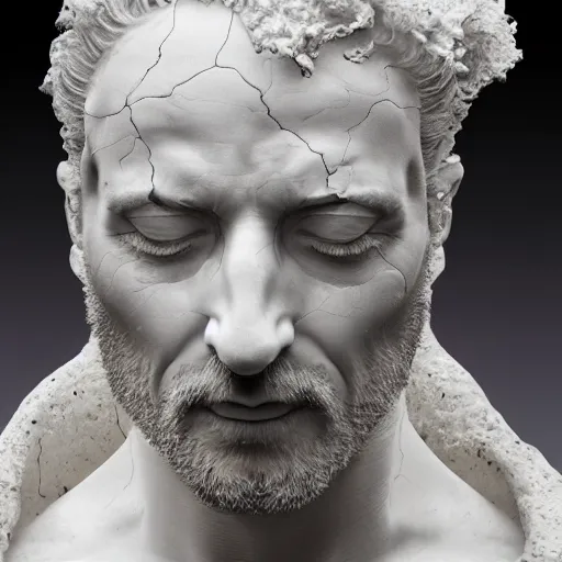 Prompt: a realistic digital painting of a stunning intricate cracked white sculpture of piero angela bernini sculpture, trailing white vapor, mycelium stands and misty xparticles neutral tone background, trending on artstation, hyperrealism, matte painting, subsurface scattering