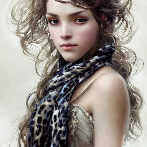 Prompt: portrait of a girl wearing white scarf, silver long curly hair, watery eyes, leopard ears, fantasy, intricate, elegant, highly detailed, digital painting, artstation, concept art, smooth, sharp focus, illustration, art by artgerm and greg rutkowski and alphonse mucha