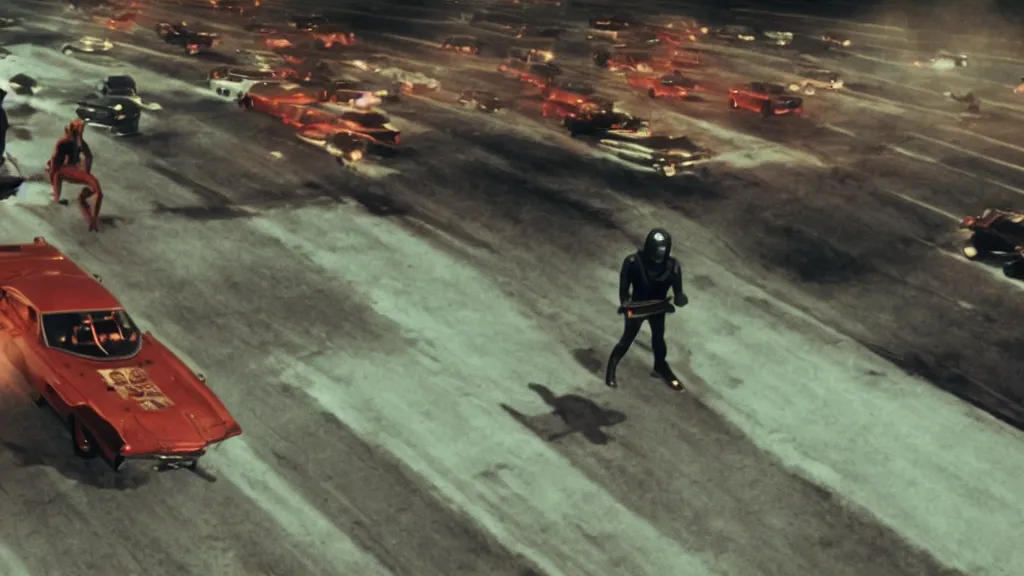 Image similar to film still from the movie death race three thousand, cult cinema, pulp cinema, vintage, nineteen seventies, saturated color, cinematic lighting, cinematic composition, ultra realistic, highly detailed, wide screen, panavision