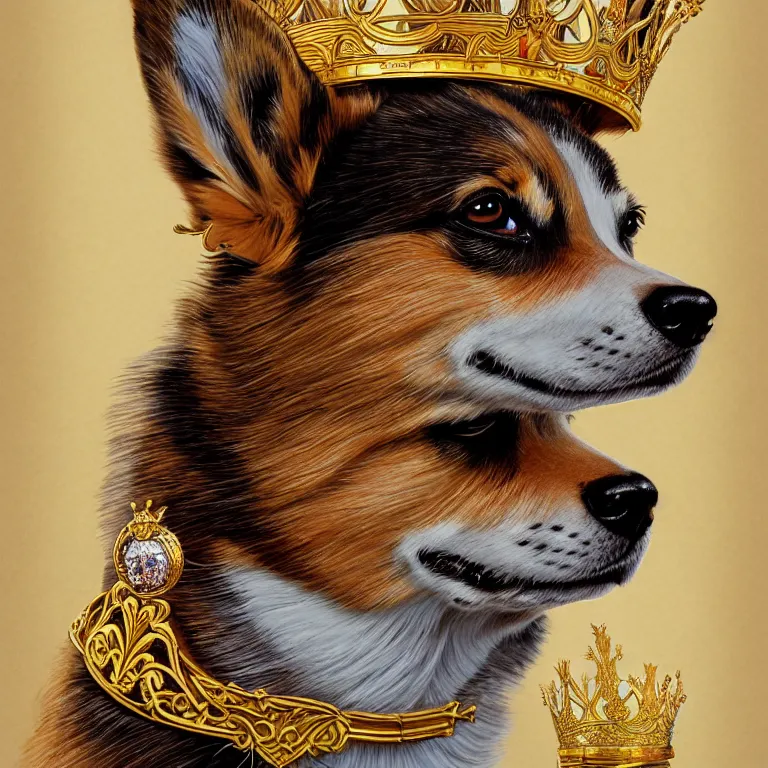 Prompt: highly detailed illustration of a portrait of a regal corgi wearing a jeweled golden crown, artstation, cinematic lighting, hyperdetailed, cgsociety, 8k, high resolution, by John Philip Falter, Art Nouveau, insanely detailed and intricate