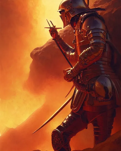 Prompt: commander at the battle field of a medieval war, fire and dust and lava and golden armor, action, dramatic lighting, intricate, wild, highly detailed, digital painting, artstation, concept art, smooth, sharp focus, illustration, art by artgerm and greg rutkowski and alphonse mucha