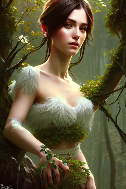 Image similar to beautiful digital painting of a stylish female forest with high detail, 8 k, stunning detail, works by artgerm, greg rutkowski and alphonse mucha, unreal engine 5, 4 k uhd