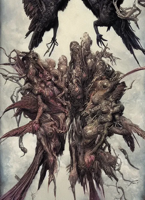 Prompt: hyper realistic painting of multiples ravens flying into each other, stormy, convoluted, chaotic, in the style of wayne barlowe, gustav moreau, goward, bussiere and roberto ferri, santiago caruso, and austin osman spare, saturno butto, sorayama. occult art, alchemical diagram