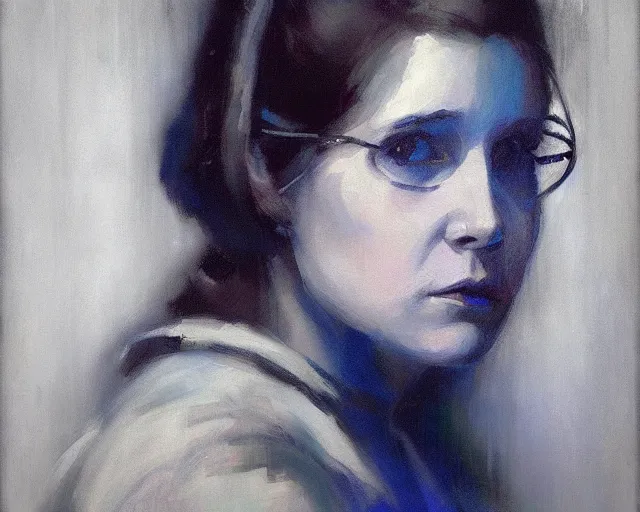 Image similar to portrait of young leia young carrie fisher 1 9 7 7 in shades of grey but with blue by jeremy mann