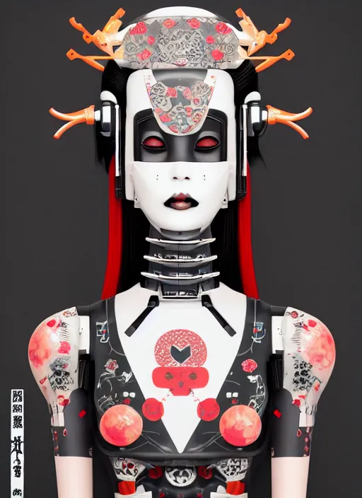 Prompt: full body portrait of a gothic japanese robot geisha with kanji tattoos and decals wearing a digital pixelated kimono, intricate design, photorealistic, octane render, raytraced, ultra fine detailed, character design, trending on artstation