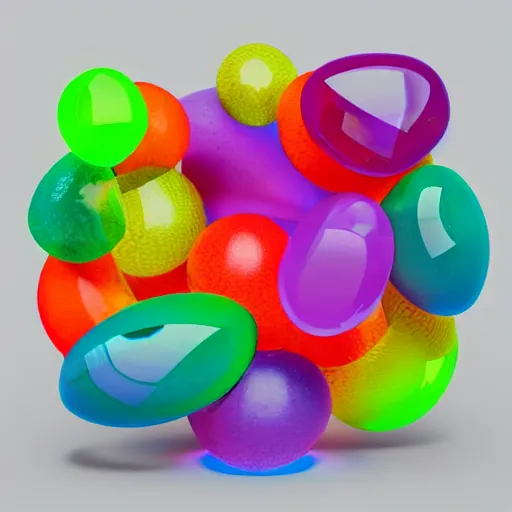 Image similar to 3 d render, magic translucent 3 d shapes, caustics, studio lighting, gemstone, magical, glowing, fruit candy, gushers, soft 3 d geometrical shapes, juicy, octane render, soft, high definition, beautiful mesh gradient colors, 1. 0 transmission, visual particles and static surrounding, clean aesthetic, blender, redshift, white background, ethereal