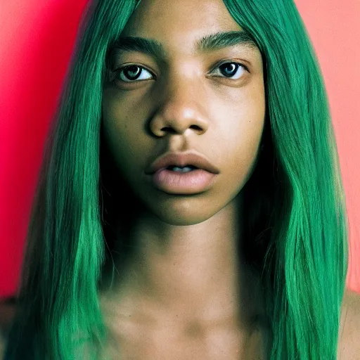 Image similar to realistic photoshoot for a new dior lookbook, color film photography, portrait of a beautiful green haired woman, in style of tyler mitchell, 35mm