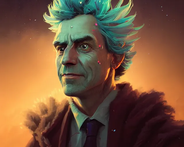 Prompt: fantasy portrait of rick sanchez, intricate abstract. intricate artwork, by greg rutkowski, wlop, beeple, dan mumford. concept art, octane render, trending on artstation, greg rutkowski very coherent symmetrical artwork. cinematic, key art, hyper realism, high detail, octane render, 8 k, iridescent accents