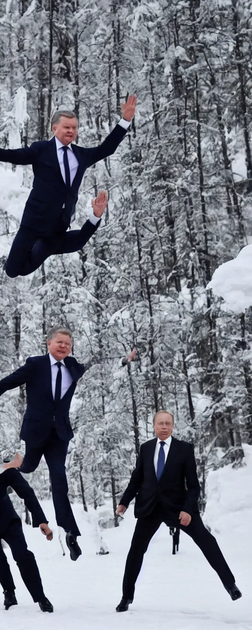 Image similar to the finnish president sauli niinisto doing a superhero landing on top of vladimir putin