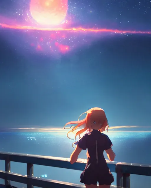 Prompt: a beautiful photo of a girl standing on a pier looming up at a supernova in the sky, beautiful compsition, epic photo, dramtic lighting, dim ， by makoto shinkai an krenz cushart