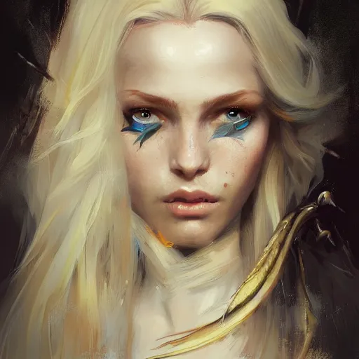 Prompt: A head-on detailed oil portrait of a pretty elf woman with small cuflhcopper horns, long blonde hair and bright irises, by greg rutkowski, trending on artstation, dungeon and dragons art