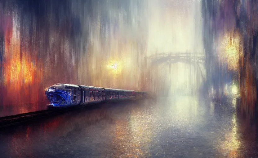 Image similar to an urban train rides inside of a waterway on a fantasy city. by artstation trending, by joseph mallord william turner, luis royo, konstantin razumov, cinematic lighting, fractal flame, highly detailed