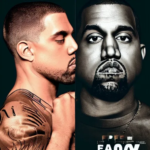 Prompt: kanye west, pete davidson, face to face, fight poster