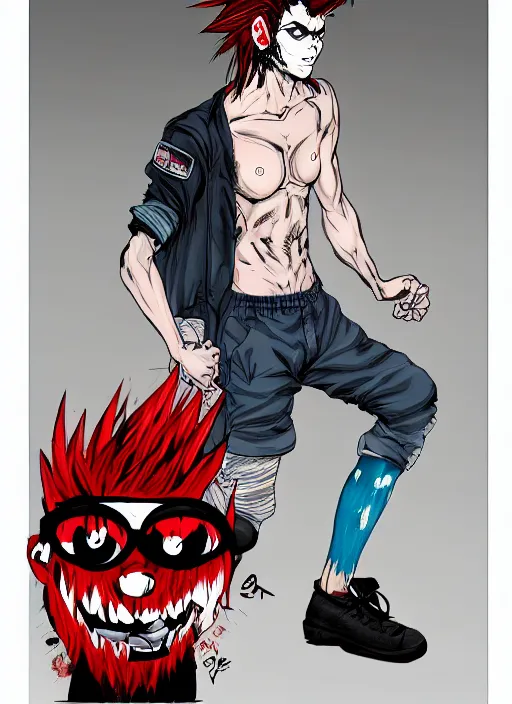 Prompt: a young man of 2 5 years old, with a bruised face and bruises, is standing in a doorway in a boxer's stance, casual clothing style, by james jean art, by boichi manga style, hairstyle red mohawk, cold colors, comics style, angry 8 k