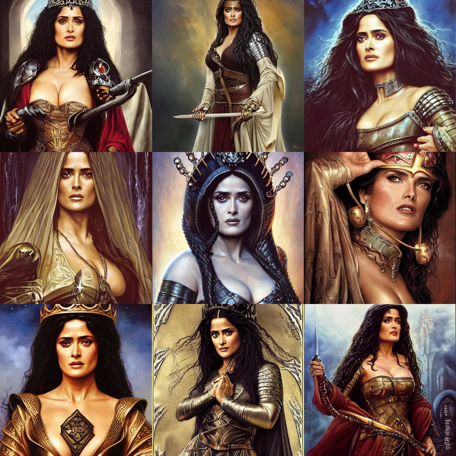 Prompt: Salma Hayek as a beautiful Medieval Queen by Gerald Brom +Mark Arian +Artgerm , extremely detailed , hyper realistic