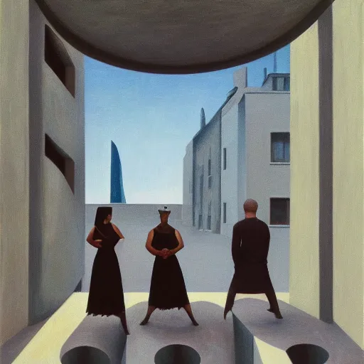 Image similar to first - person view of a stark concrete maze with people looking into portholes, ( grant wood ), pj crook, ( ( ( edward hopper ) ) ), oil on canvas